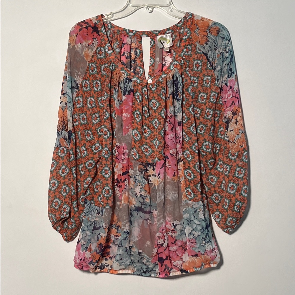 FIG AND FLOWER Boho Peasant Festival Multi Floral Print Keyhole Blouse Top SZ L